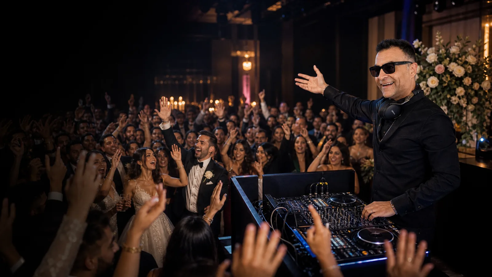 Wedding guests with hands raised celebrating in front of the DJ booth