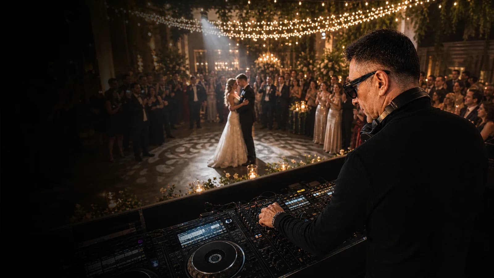 A couple dancing alone in a spotlight while guests watch from around the floor