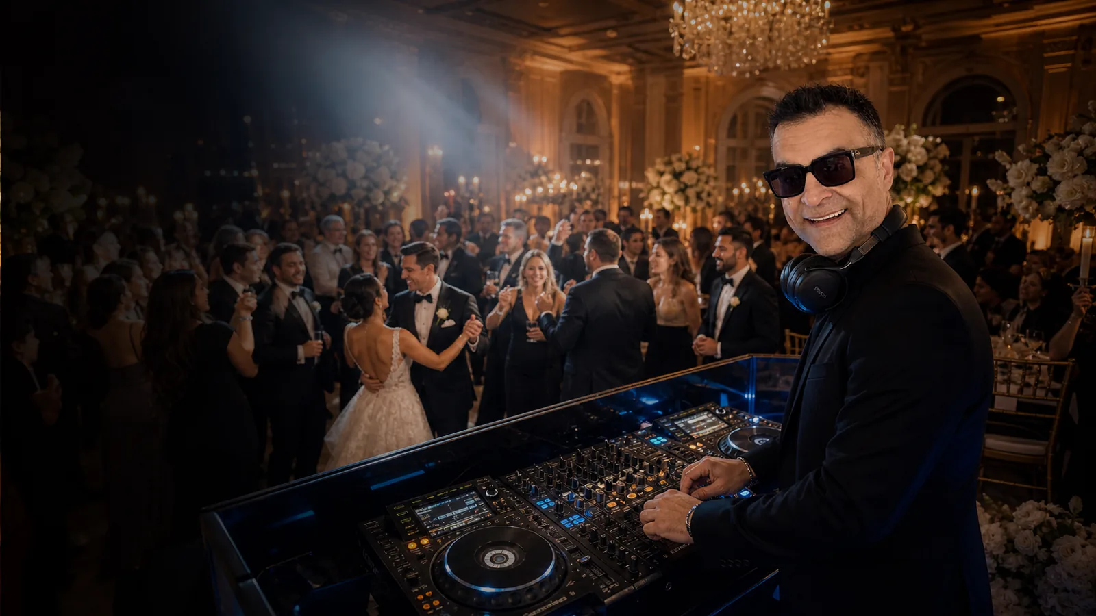 Xavish at the decks at a wedding reception, guests dancing behind him