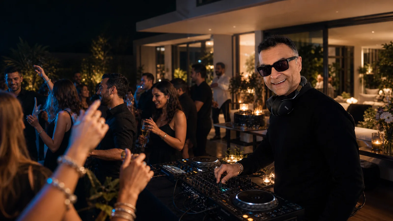 Guests with drinks at a private house party beside the DJ setup