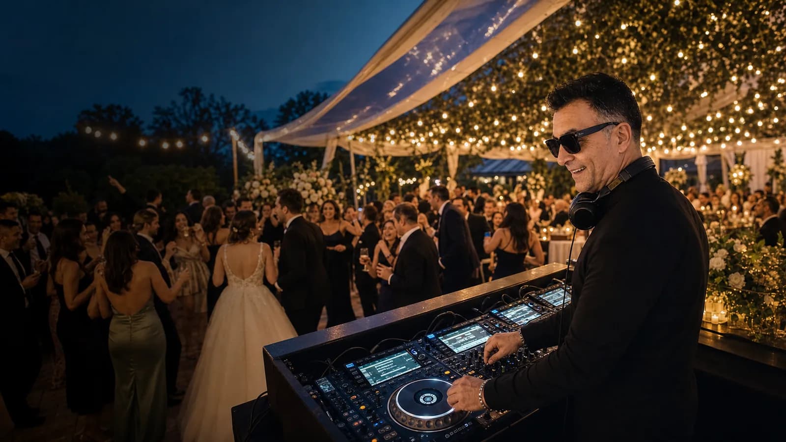 An outdoor marquee reception under festoon lights at dusk