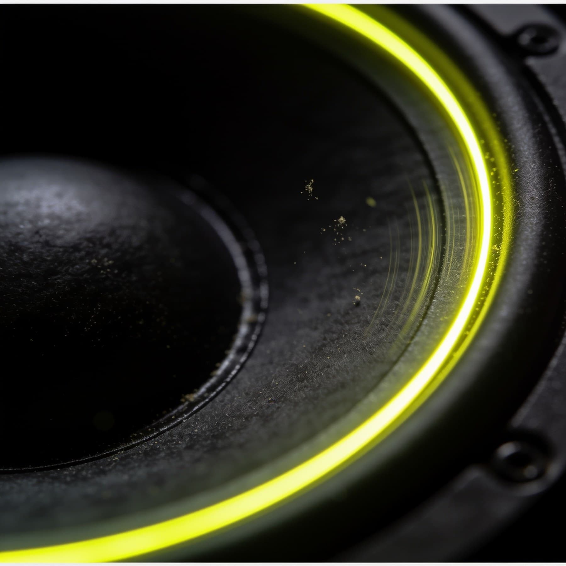 Stylised macro artwork of a subwoofer cone rimmed in yellow light